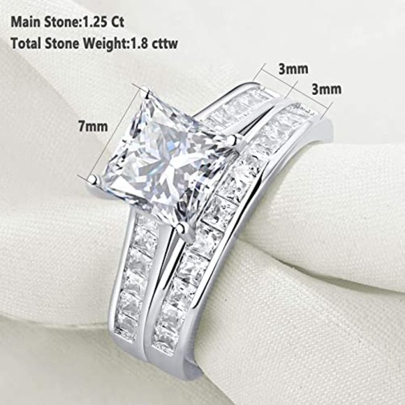 ๐ 1.8ctw CZ Princess Cut Set โ 925 Sterling Silver ๐ - Picture 2 of 6